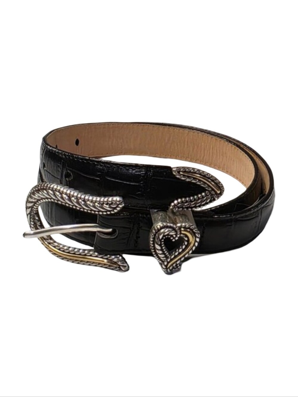 Brighton Black Croc-Embossed Belt with Silver Heart Buckle Size Medium